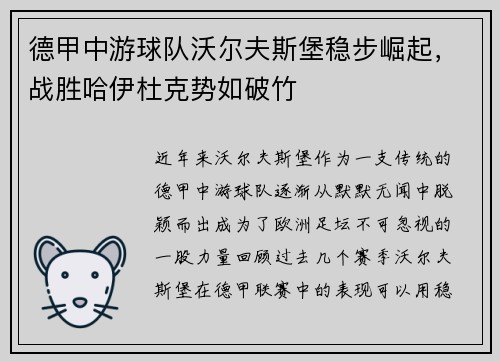德甲中游球队沃尔夫斯堡稳步崛起，战胜哈伊杜克势如破竹