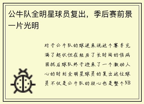 公牛队全明星球员复出，季后赛前景一片光明